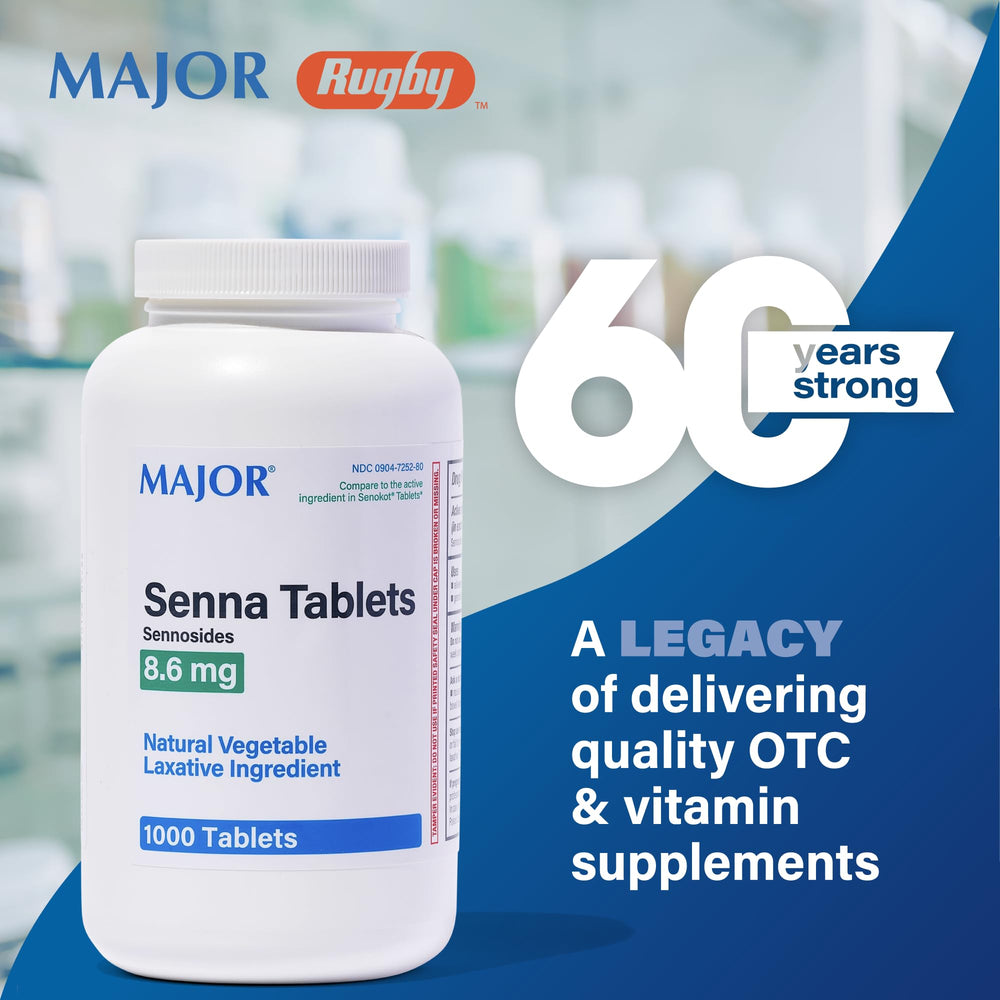 Major Senna dosage instructions box guiding adults and older children.
