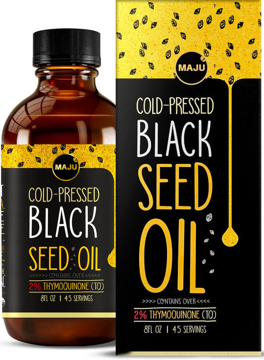 Front view of MAJU Black Seed Oil 8oz bottle