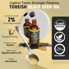 Side profile of MAJU Black Seed Oil 8oz bottle
