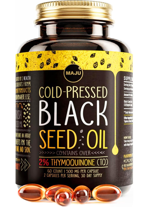 Front view of Maju Black Seed Oil Capsules bottle