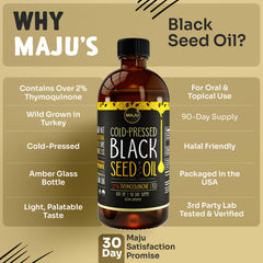 Maju Black Seed Oil thymoquinone-rich concentrate closeup conveys potency.