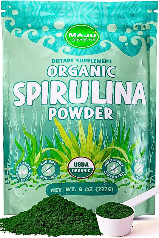 MAJU Organic Spirulina Powder 0.5 lb in a bag