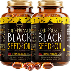 Maju Superfoods black seed oil capsules bottle front for easy daily intake.