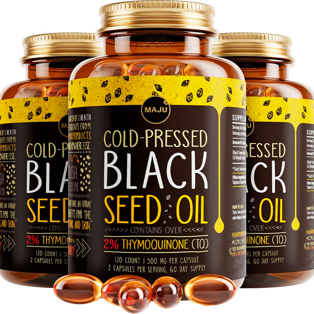 Maju Superfoods Black Seed Oil Capsules bottle front signaling organic cold-pressed oil for daily wellness