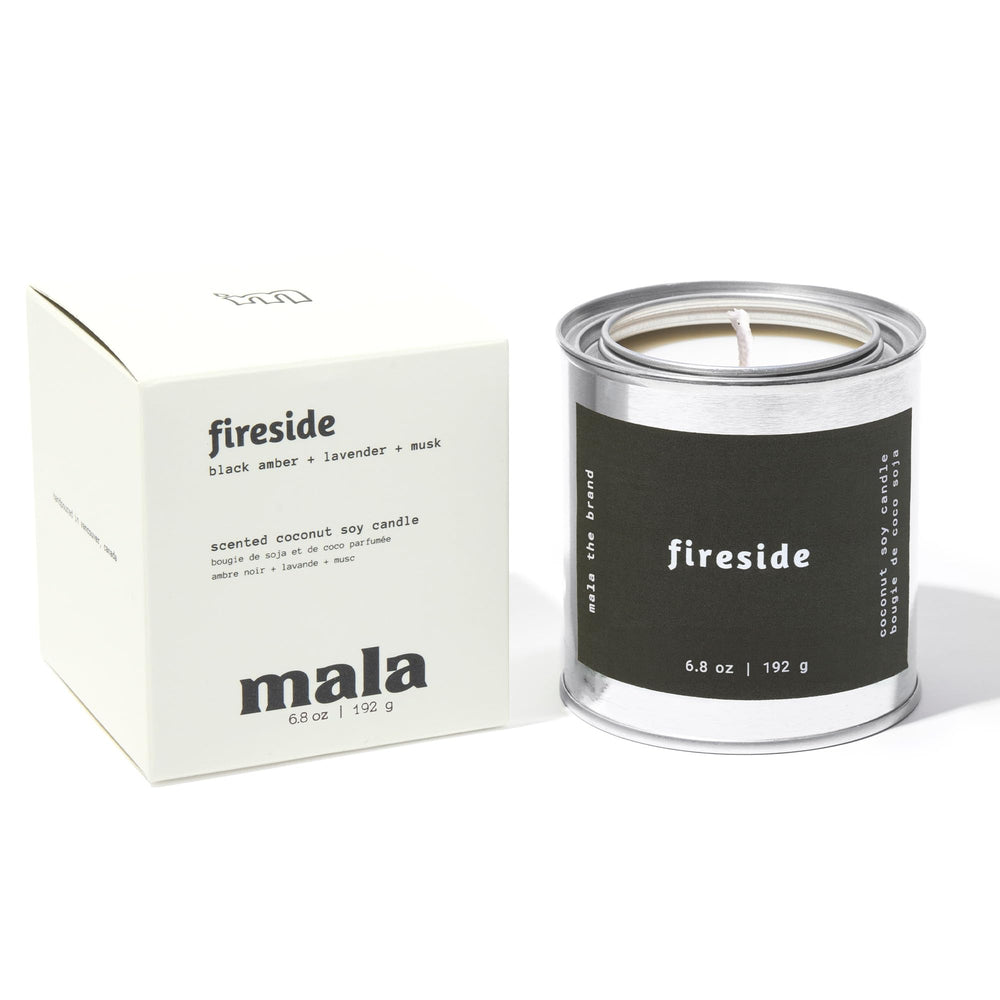 Mala Fireside Black Amber Musk Lavender candle in 6.8 oz jar