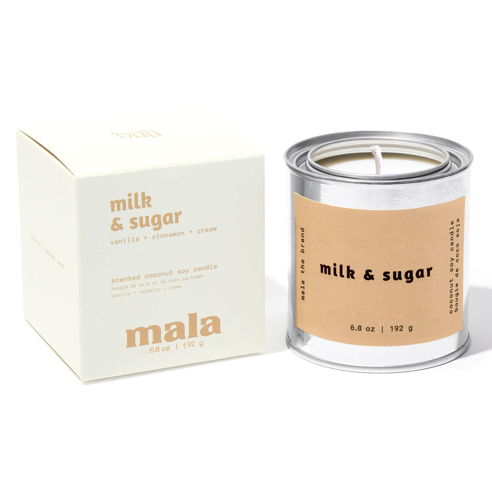 MALA Milk & Sugar Cinnamon & Vanilla Candle label and 6-8oz jar