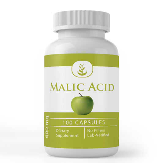 Front view of Malic Acid 100 capsules bottle