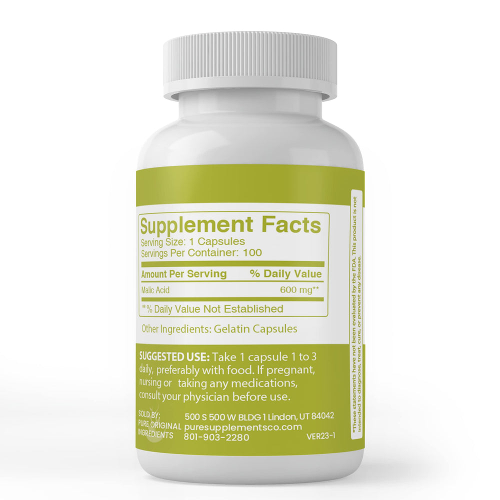 Close-up of Malic Acid capsules highlighting single-ingredient formula