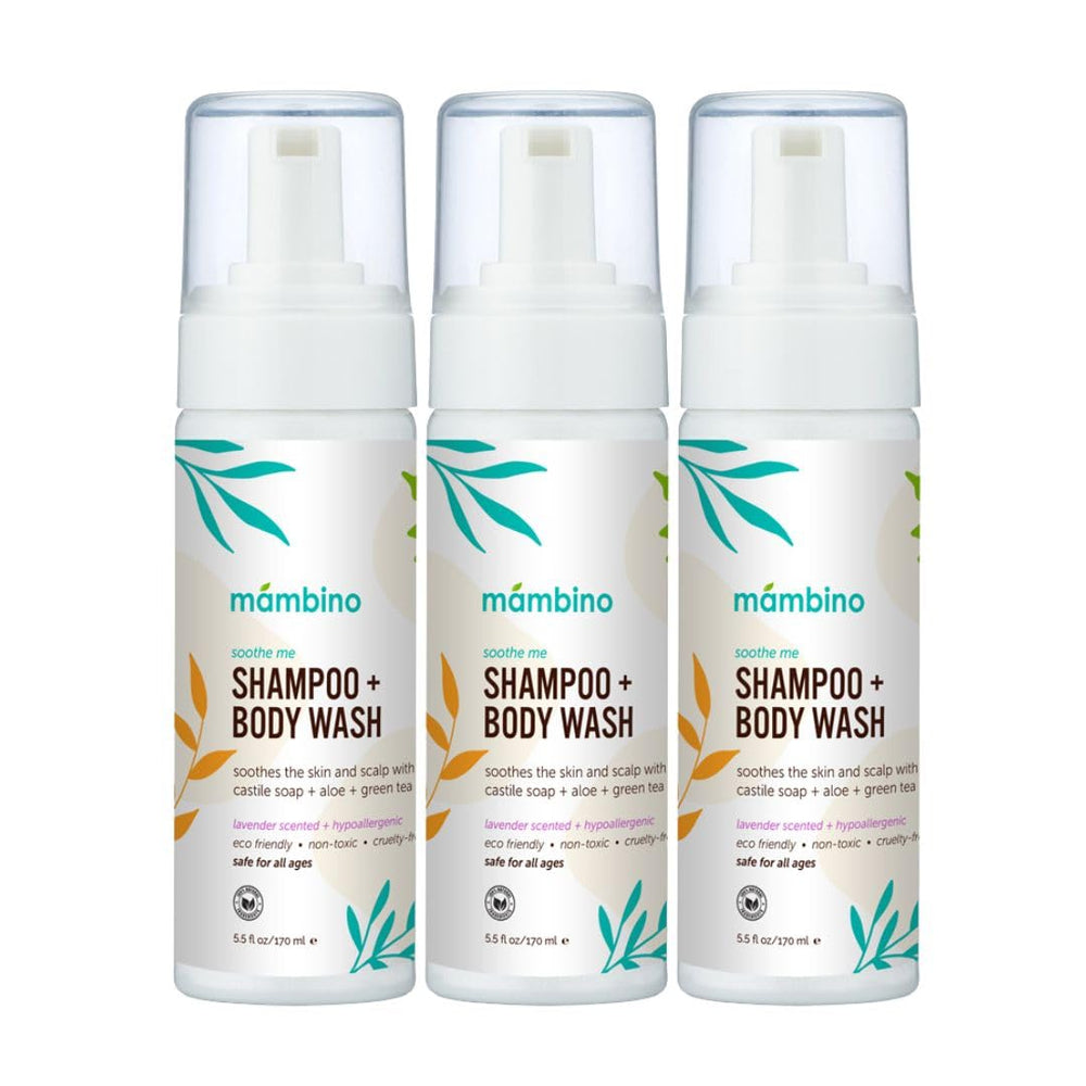 Three 5.5 fl oz bottles in a 3-pack of Soothe Me Shampoo & Body Wash
