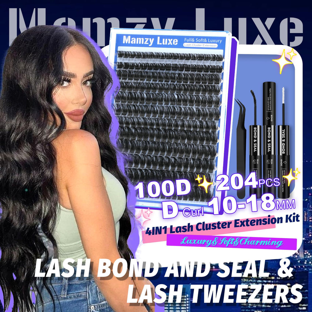Mamzy Luxe lash extension kit includes glue and tweezers for easy DIY.