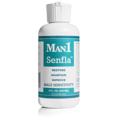 Man1 Senfla bottle label close-up showing branding and product details for trusted intimacy support.