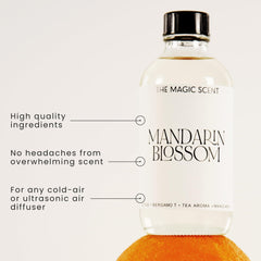 Close-up of Mandarin Blossom label on diffuser oil bottle