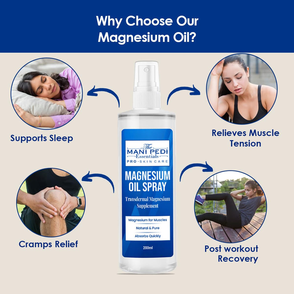 7 fl oz bottle label of The Mani Pedi Essentials Magnesium Oil Spray