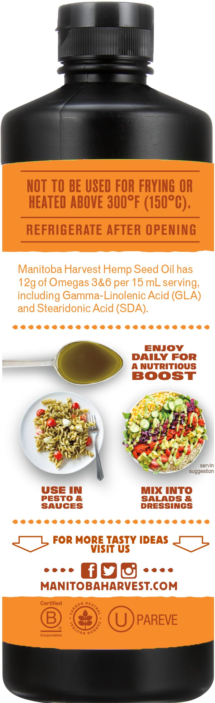 Close-up of cold-pressed hemp seed oil bottle