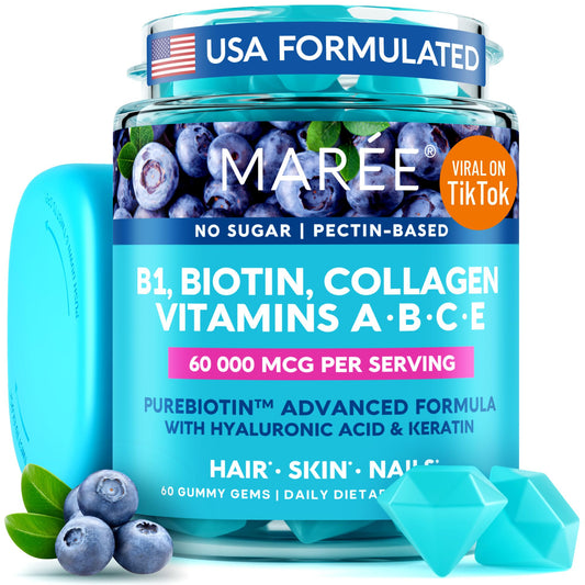 Bottle of MAREE B1 Thiamine & Biotin Gummies on white background