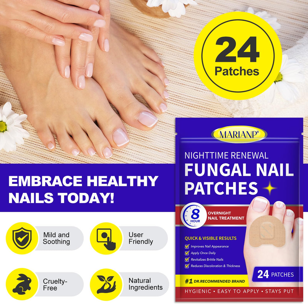 Marianp Toenail Patches being applied on a nail for overnight repair benefit.