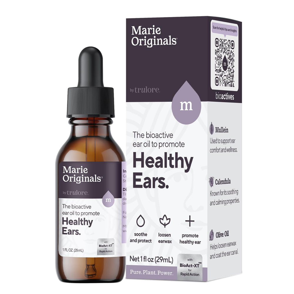 Marie Originals ear oil drops bottle pour demonstrates easy daily dosing for comfort