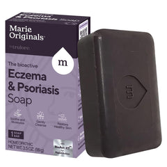 Marie Originals eczema face soap bar packaging highlights gentle, toxin-free cleansing for irritated skin.
