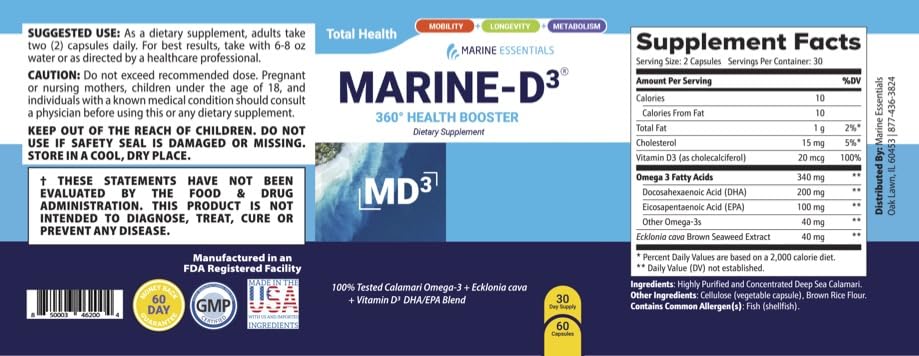 Back of Marine D3 Omega-3 60 capsules bottle showing supplement facts