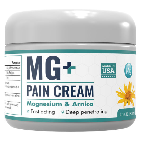 Mars Wellness MG+ Pain Cream tube closeup highlighting magnesium-arnica formula for targeted relief