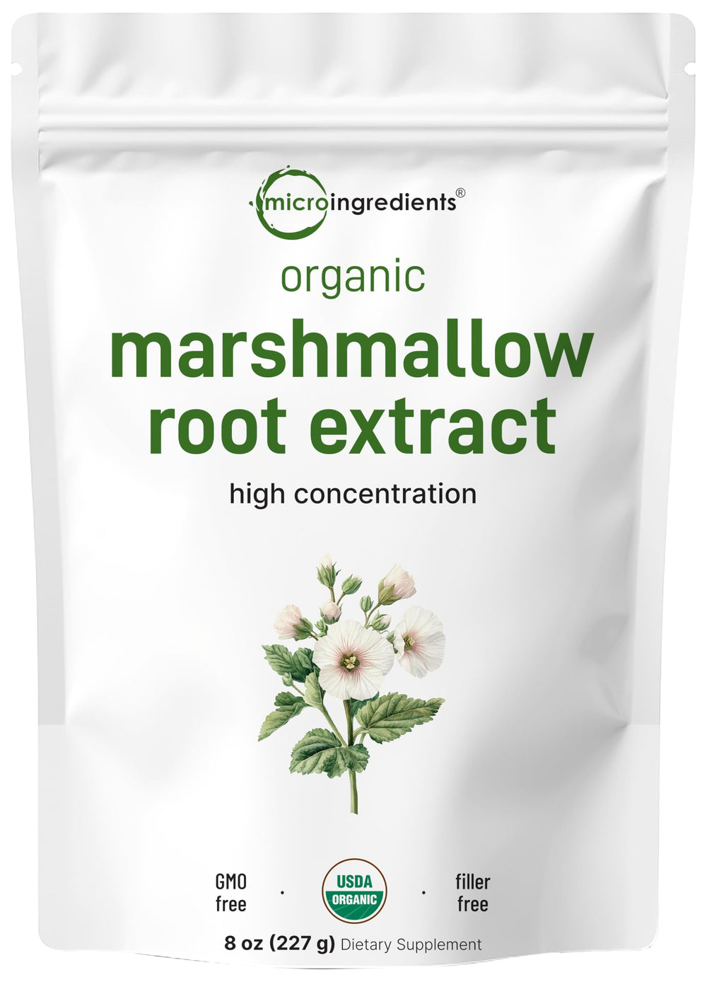 Organic marshmallow root powder 8 oz container by Micro Ingredients