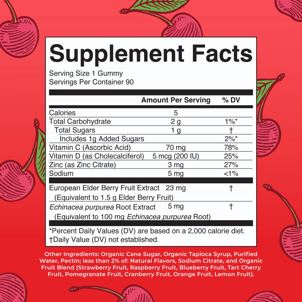 Back nutrition panel of Mary Ruth's 5-in-1 Immunity Gummies Cherry flavor
