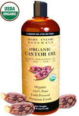 Close-up pour of Mary Tylor Naturals castor oil in amber bottle for easy use