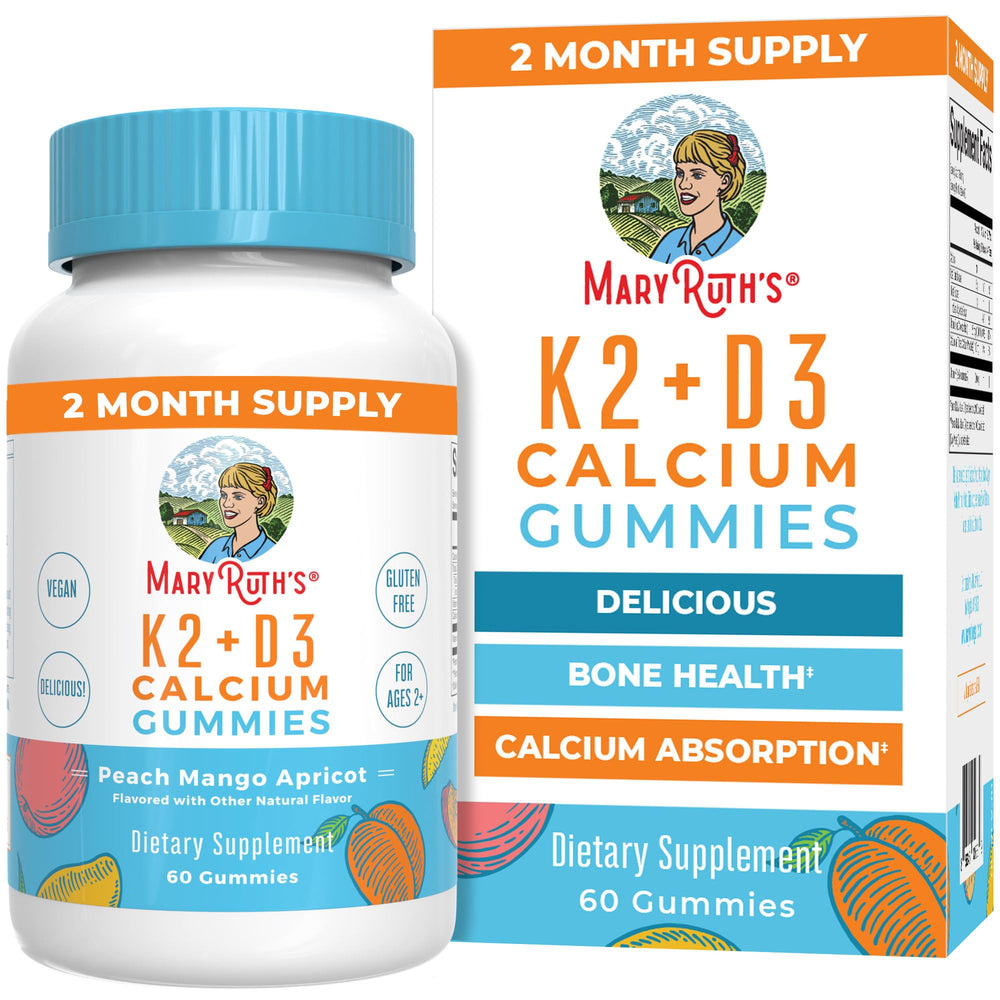 Bottle front view of MaryRuth Organics Calcium with D3 and K2 60-count