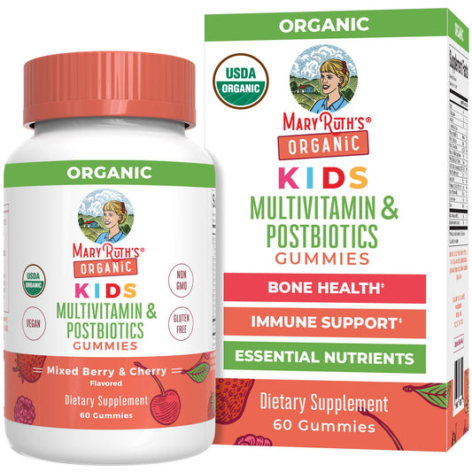 Bottle of MaryRuth Organics Kids Multivitamin Gummies with postbiotics