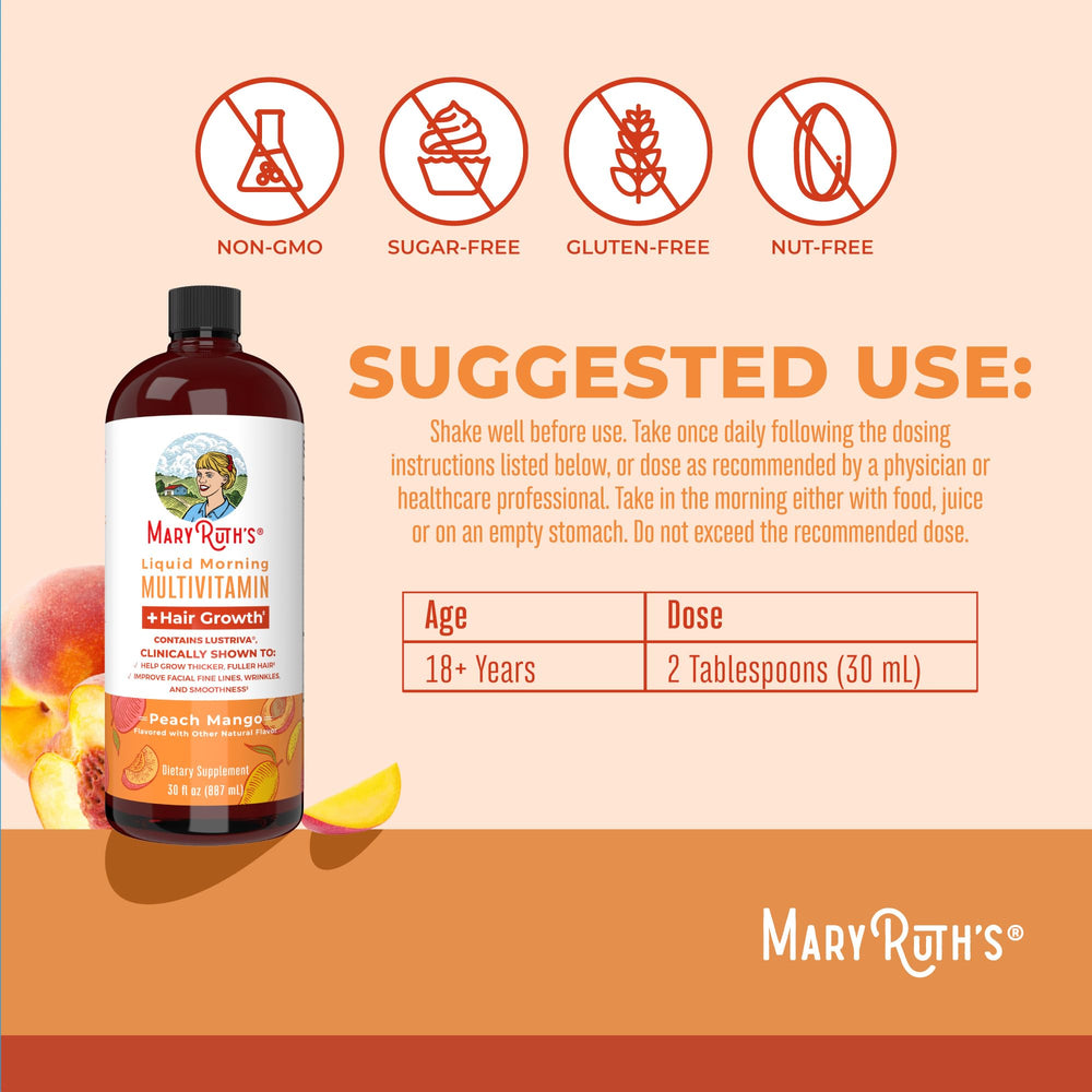Peach Mango flavor bottle of MaryRuth's Liquid Multivitamin + Hair Growth