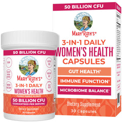 MaryRuth Organics 3-in-1 daily health capsules closeup for gut and hormone support.