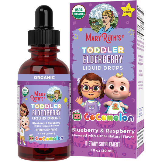 MaryRuth Organics Cocomelon toddler elderberry syrup bottle front