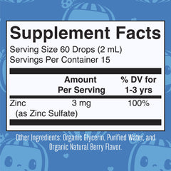 Ingredients list showing zinc sulfate, organic glycerin, berry flavor