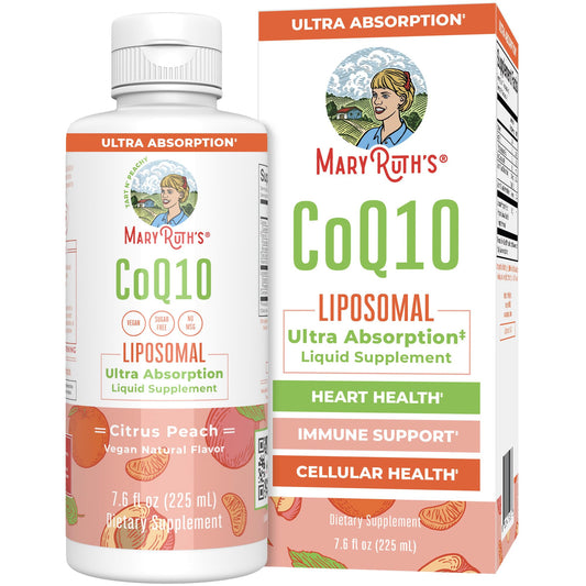 MaryRuth Organics CoQ10 liquid vitamin bottle with heart health label