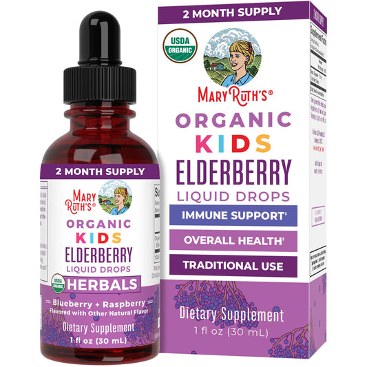 Front view of MaryRuth Organics Elderberry Kids Liquid Drops bottle 1oz