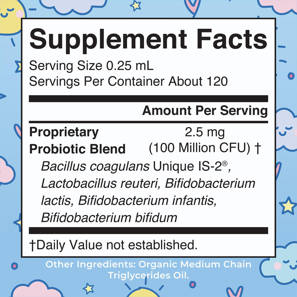 Close-up of probiotic drops bottle label with USDA Organic and vegan logos