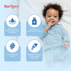 Infant probiotic bottle surrounded by baby-friendly icons