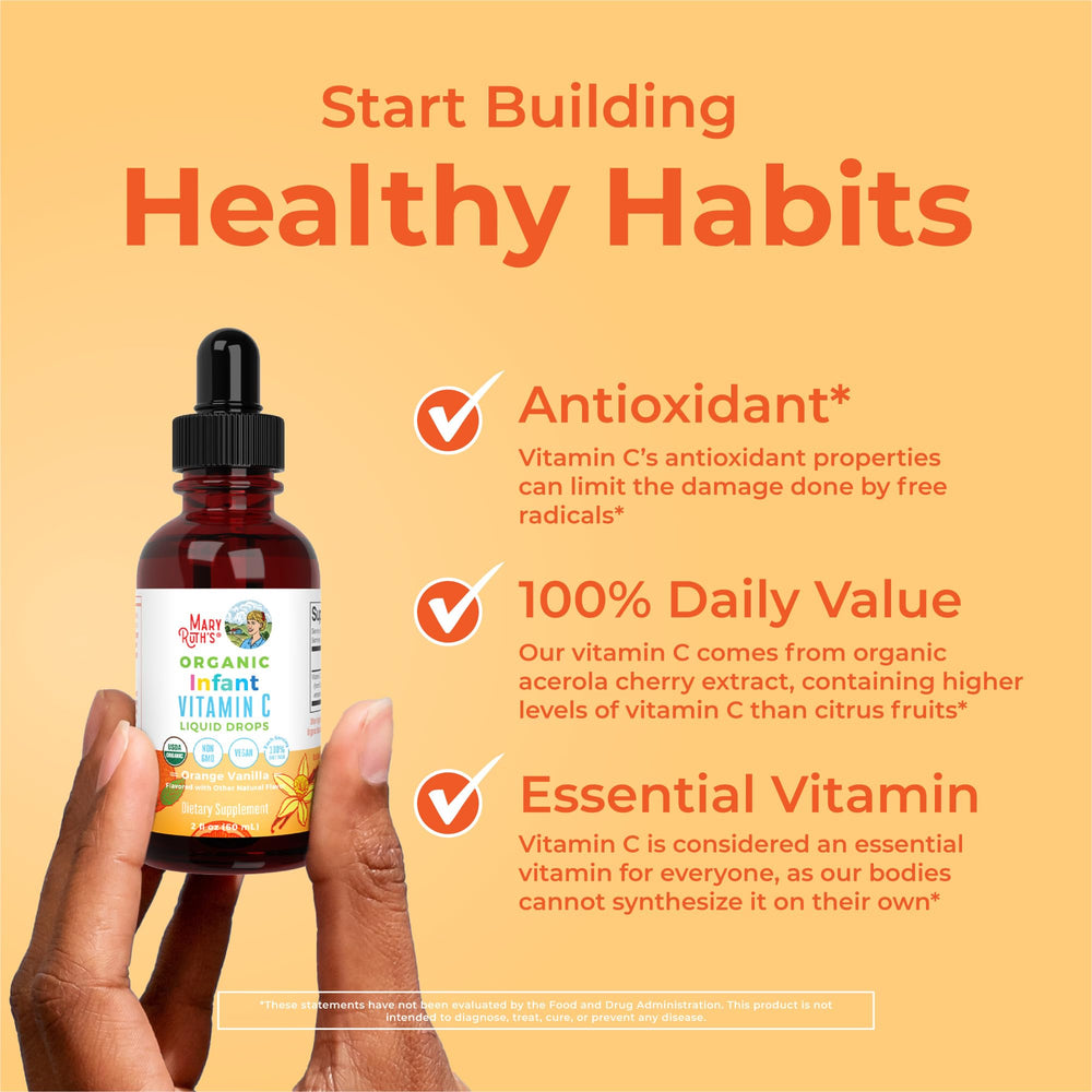 Ingredients and organic/non-GMO/vegan icons for the drops