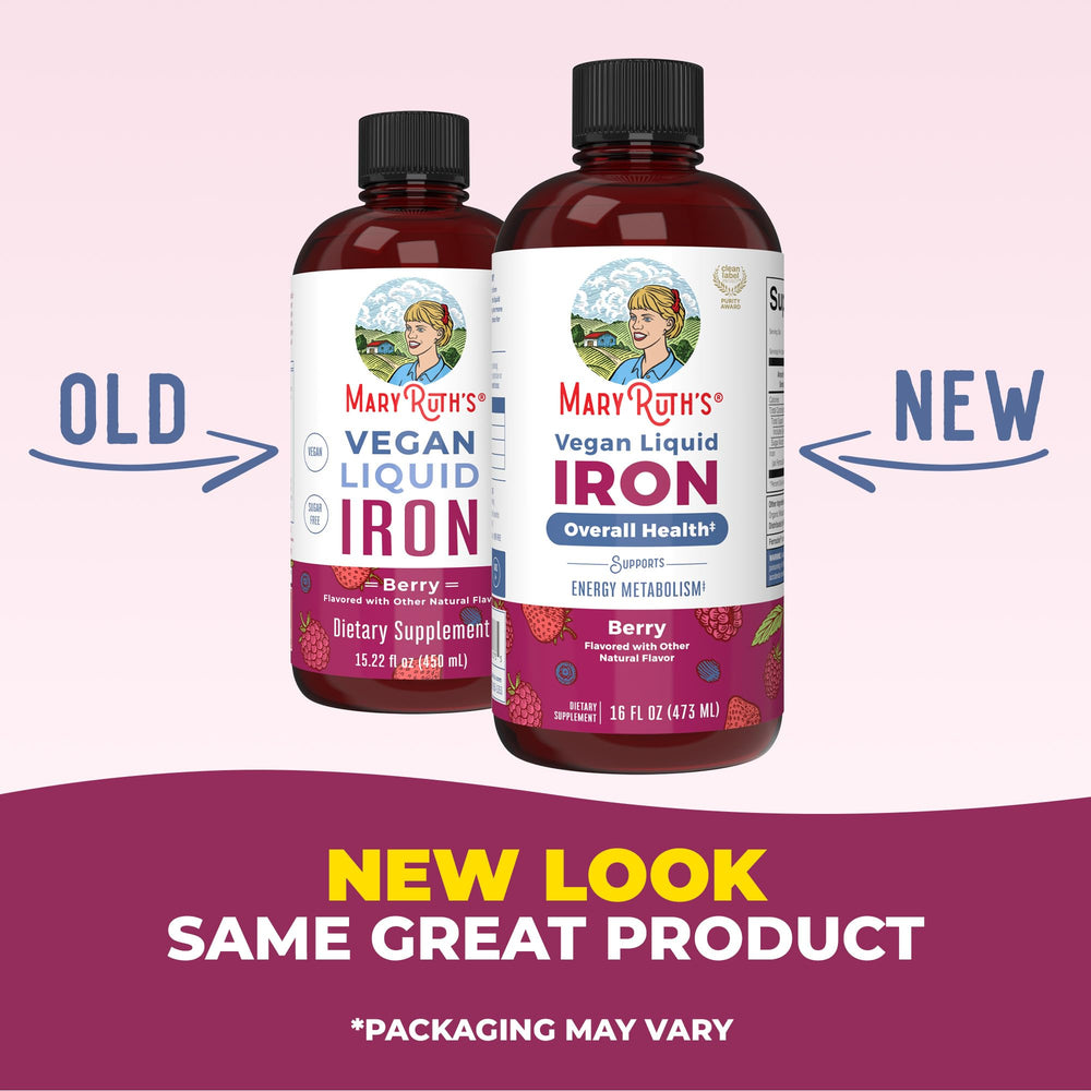 Iron supplement packaging with ingredients and certifications