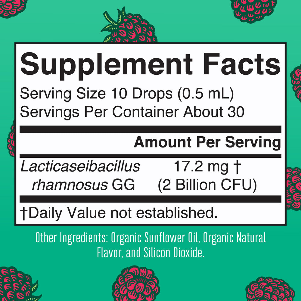Back of MaryRuth Organics Kids Probiotic Drops bottle with label