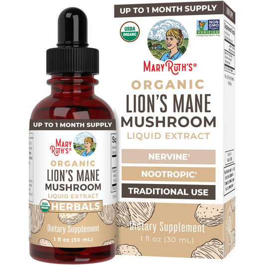 Front view of MaryRuth Organics Lions Mane Mushroom Supplement bottle