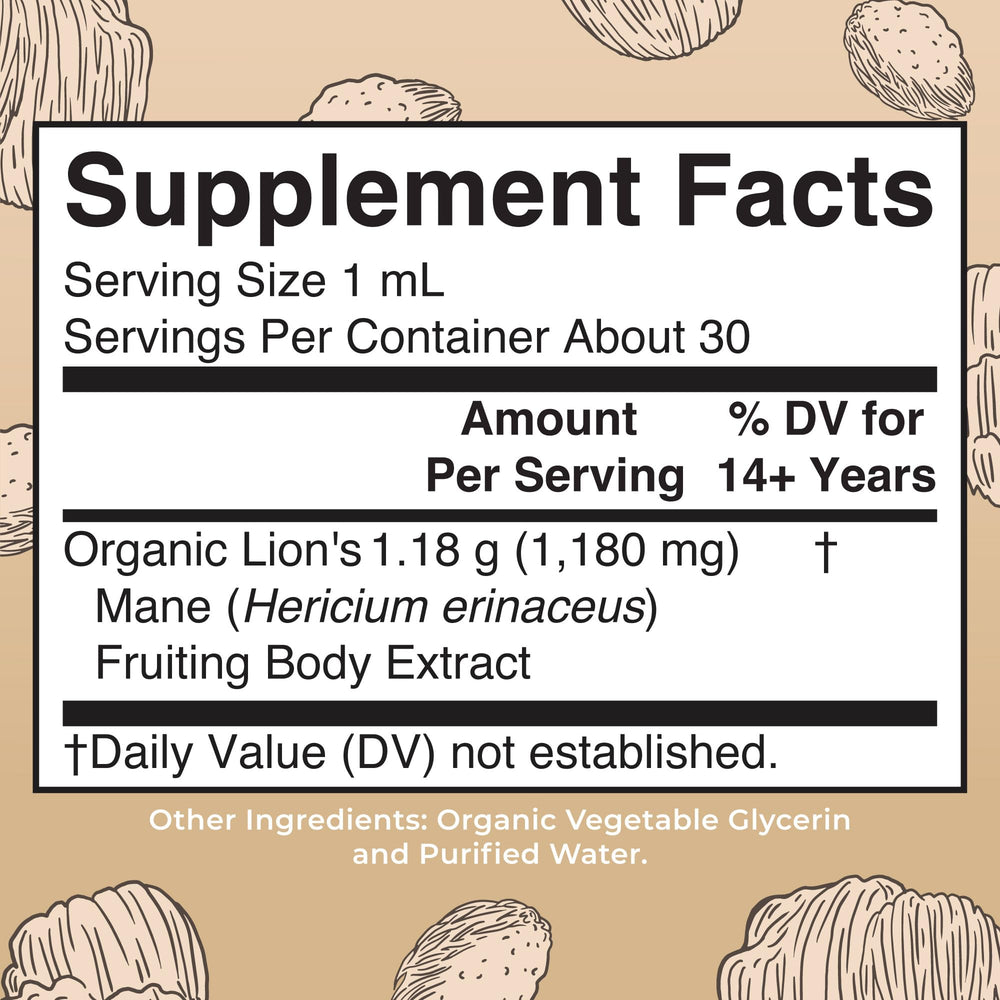 Close-up of the label on MaryRuth Organics Lions Mane Mushroom Supplement bottle