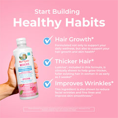 Lustriva liposomal formula beside skincare setup for skin and hair support