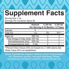 Close-up of DHA and EPA content per serving (200mg DHA, 2mg EPA)
