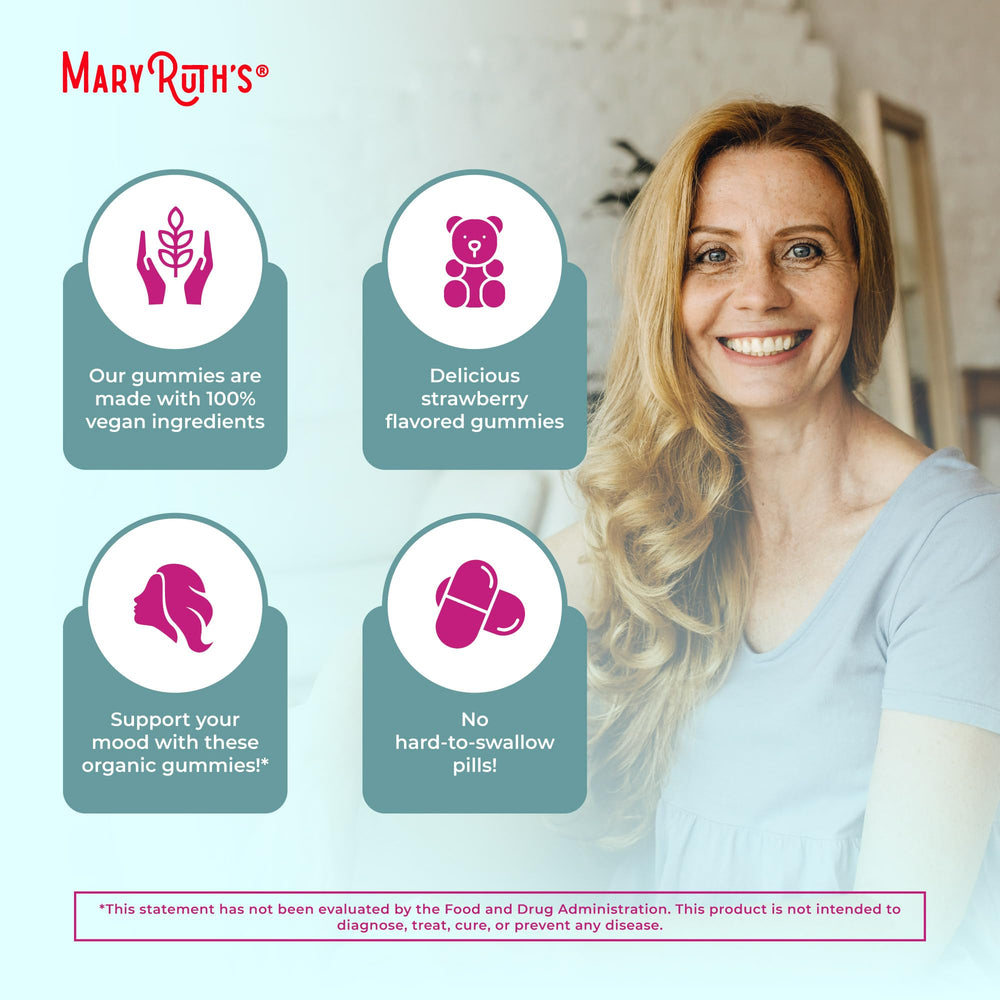 MaryRuth Organics Organic Menopause Gummies bottle back shows supplement facts and dosage