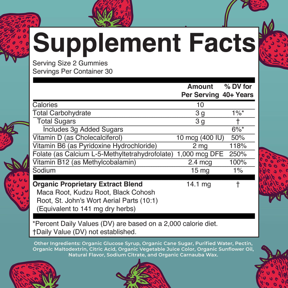 MaryRuth Organics gummies closeup highlights strawberry flavor and vegan non GMO ingredients