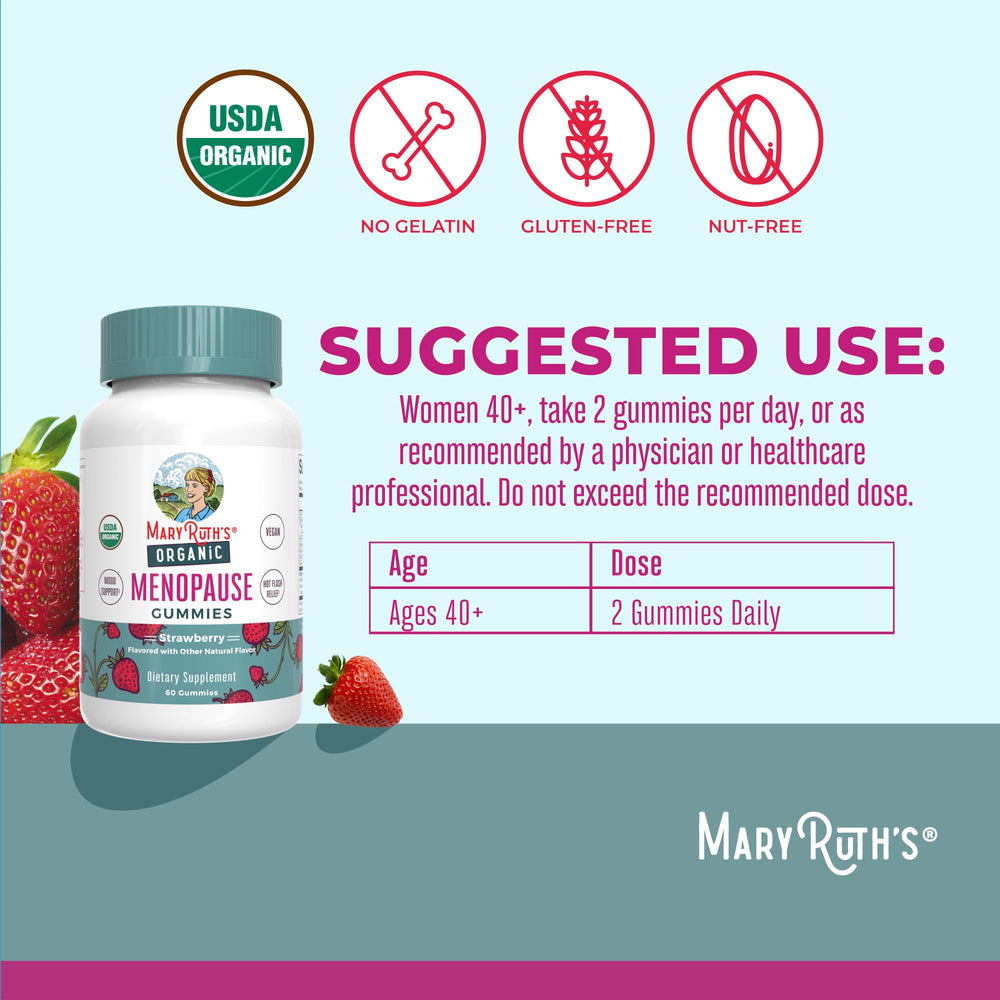 MaryRuth Organics Organic Menopause Gummies label displays USDA Organic certification