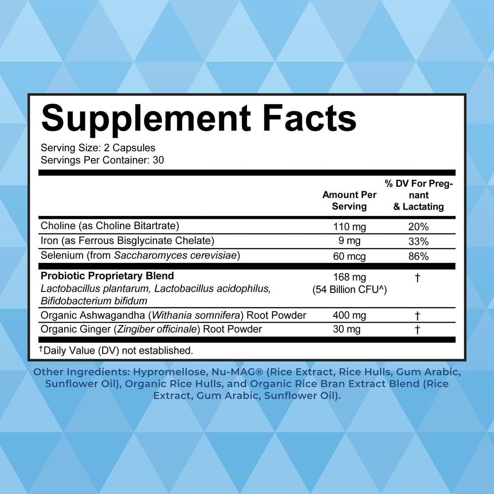 Close-up of Postnatal Probiotics capsules showing 30 servings