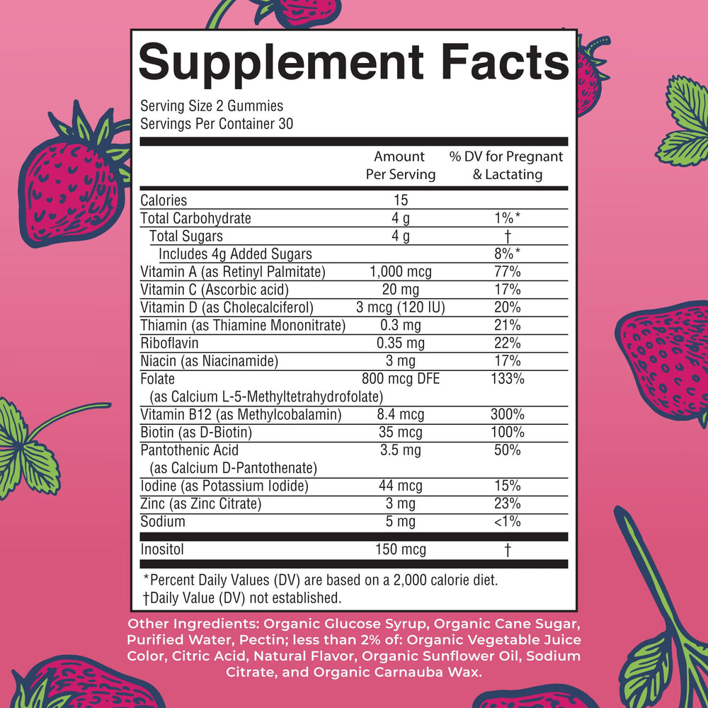 Close-up of prenatal gummy vitamins in bottle