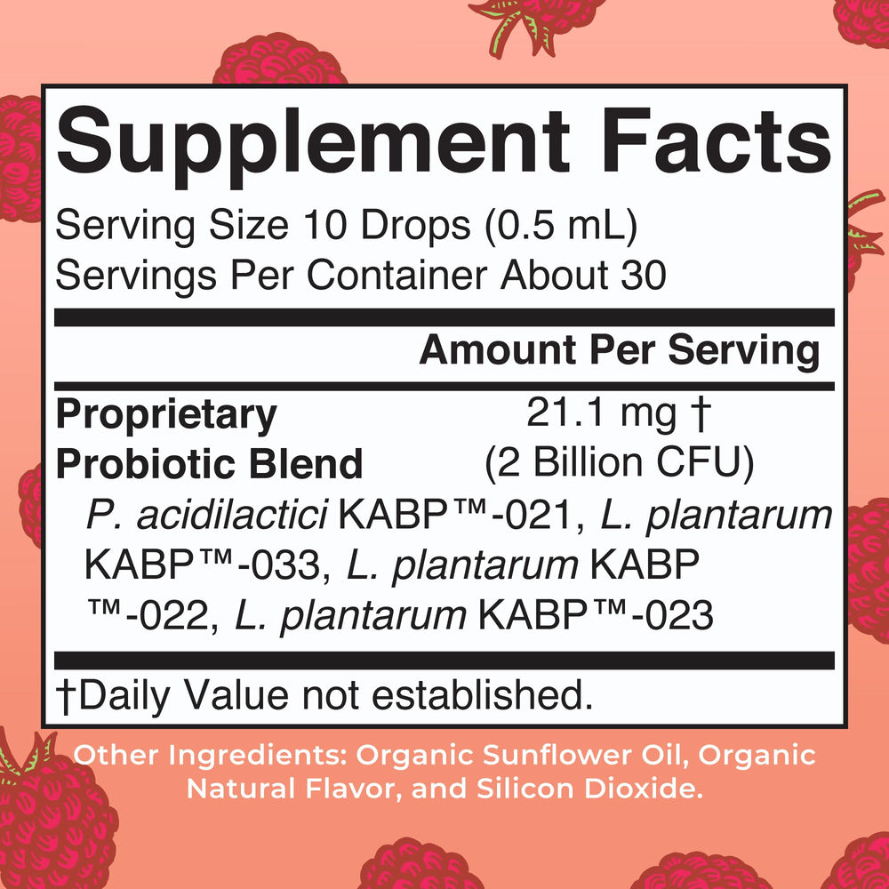 Close-up of Raspberry Probiotic Drops bottle